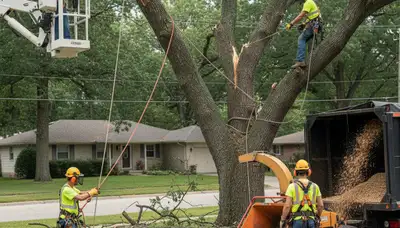 Boston tree service crew responding to an emergency tree removal in storm damage cleanup