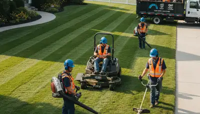 Boston, MA Arbor Tree Care crew providing lawn service for a well-kept residential yard
