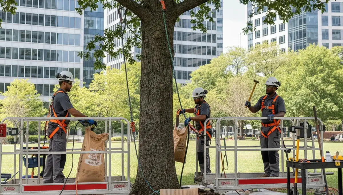Boston, MA tree service crew providing root protection for healthy trees