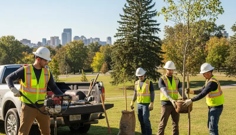 Boston arborist planting a young tree for healthy growth in a residential landscape in Boston, MA