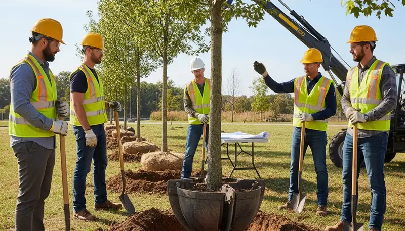 Boston tree planting service with arborist planting a young tree for healthy growth