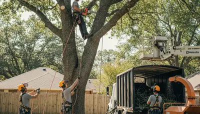 Boston, MA tree removal service crew handling a hazardous tree for Arbor Tree Care