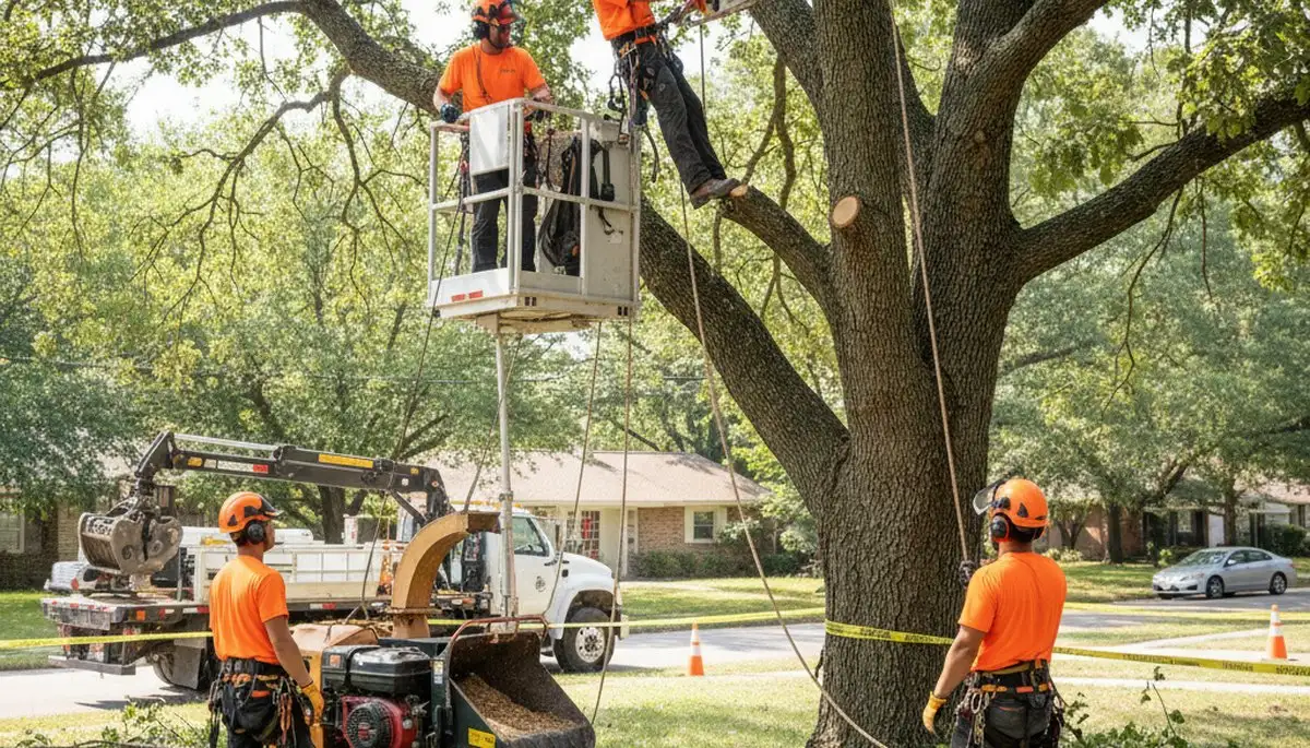 Boston, MA tree removal crew safely removing a dangerous tree on a residential property