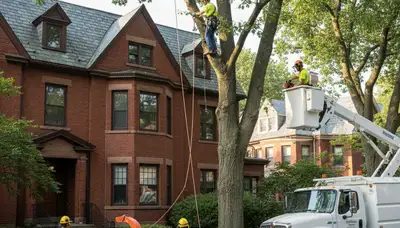 Boston, MA tree service crew removing a tree for a residential property in the city