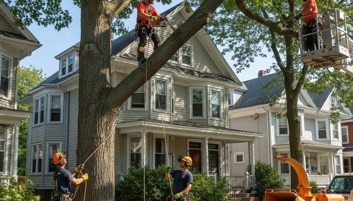 Tree service crew in Boston, MA trimming and removing a tree for safe property care