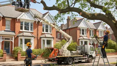 Boston, MA tree service crew removing a tree for safe residential property maintenance