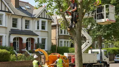 Tree service crew in Boston, MA performing professional tree removal on a residential property
