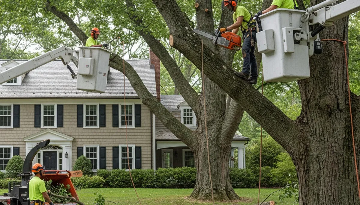 Boston, MA tree service crew removing a tree for safe residential property maintenance
