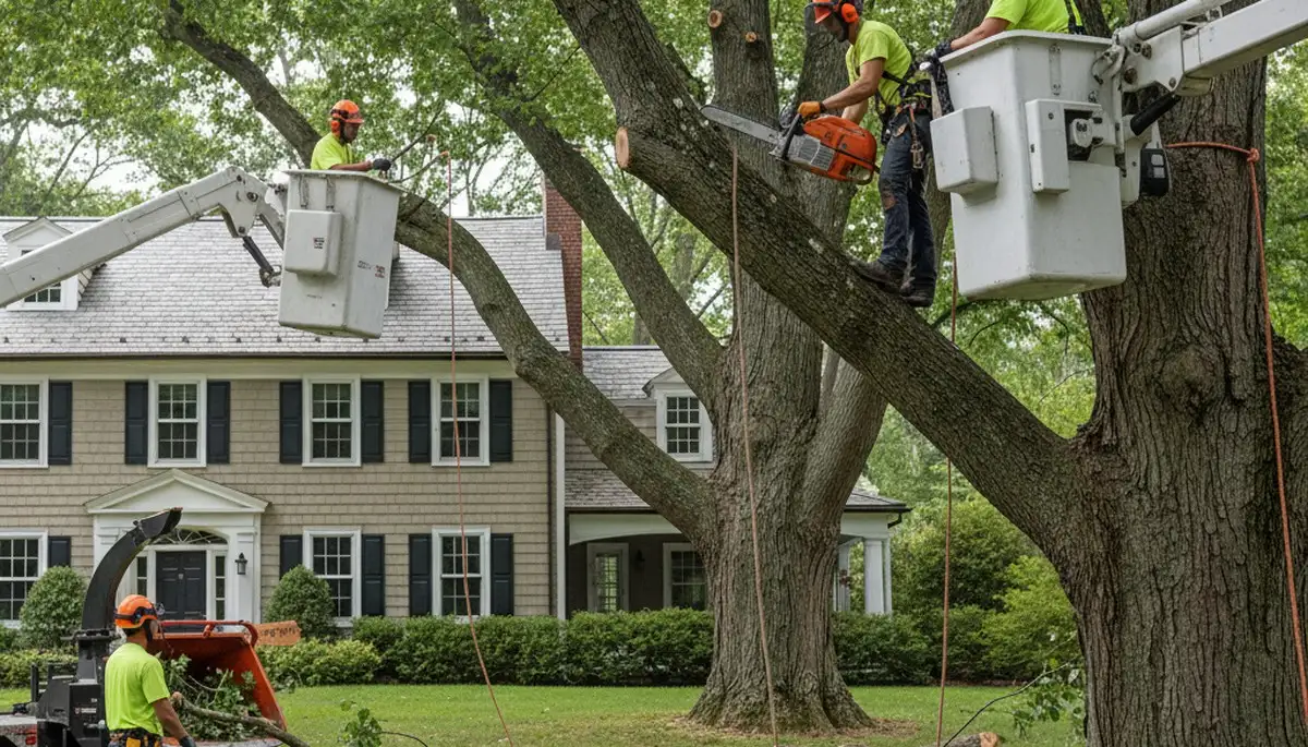Boston, MA tree service crew removing a tree for safe residential property maintenance