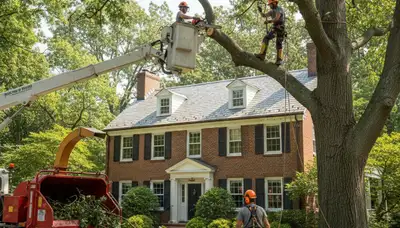 Boston MA tree service crew removing a tree near a home for safe property care