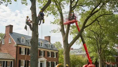 Tree service crew removing a tree in Boston, MA for safe property cleanup