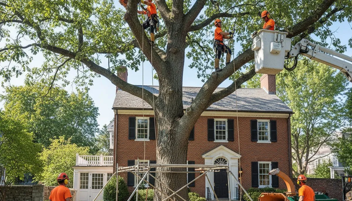 Boston, MA tree service crew trimming and removing trees for residential property safety