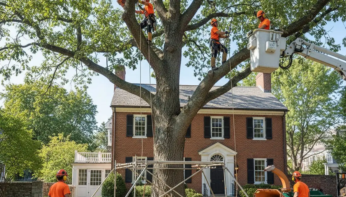 Boston, MA tree service crew trimming and removing trees for residential property safety