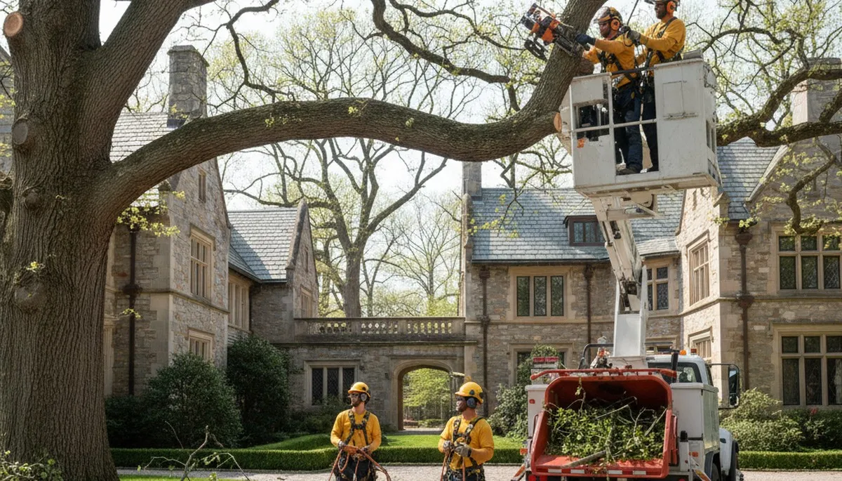 Tree service crew trimming a tree in Boston, MA for safe removal and property care