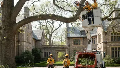 Tree service crew trimming a tree in Boston, MA for safe removal and property care