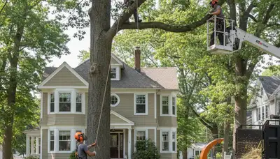 Boston, MA tree service crew removing a tree with professional equipment