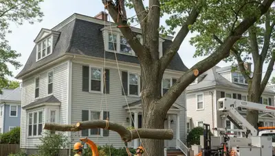 Tree service crew in Boston, MA removing a tree for safe residential property cleanup