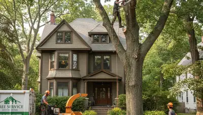 Tree service crew in Boston, MA performing safe tree removal for a residential property