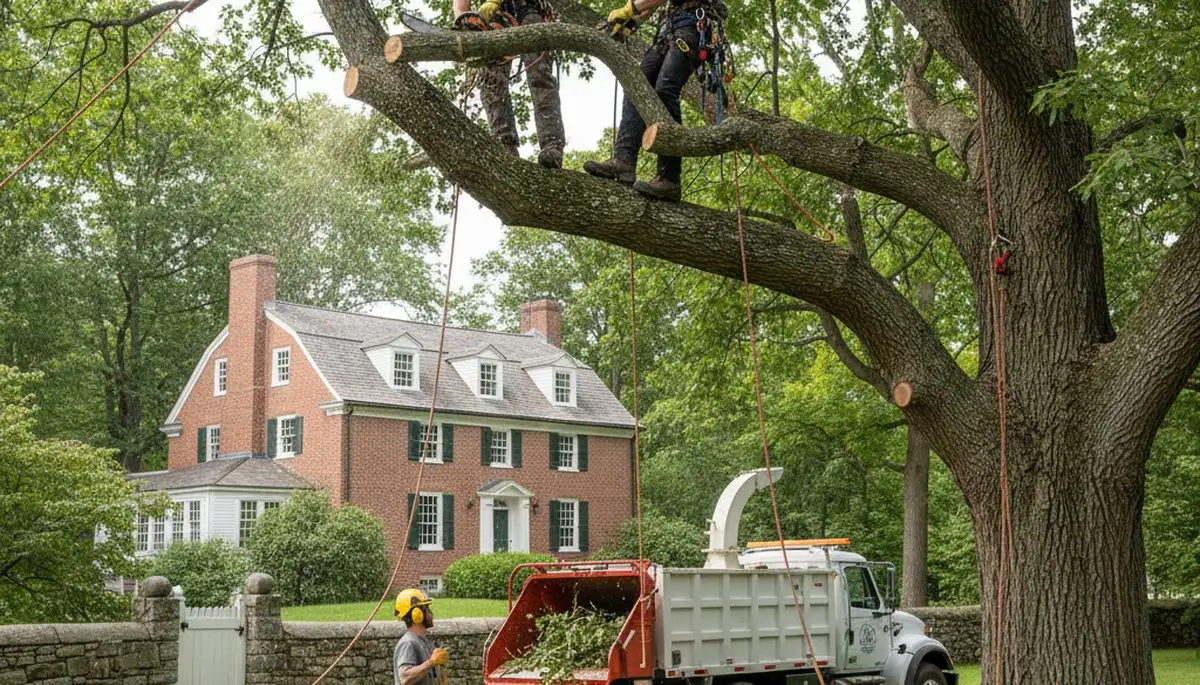Tree service crew in Boston, MA performing professional tree removal and trimming