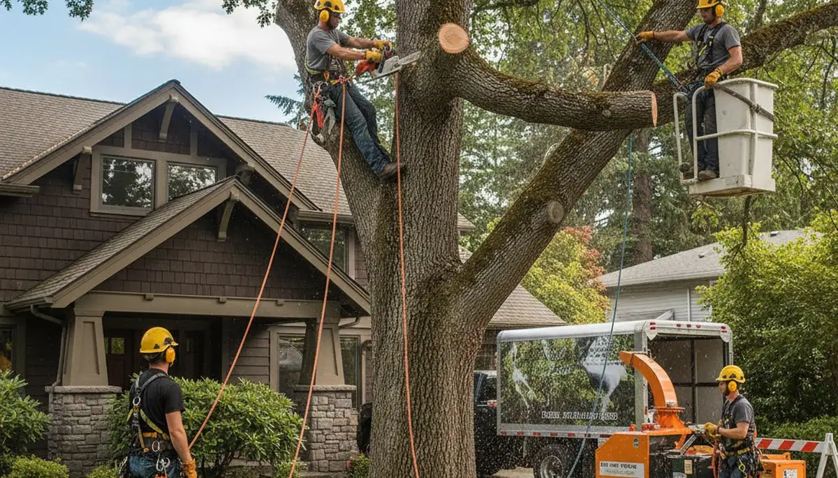 Boston MA tree service crew removing a tree for safe residential property maintenance