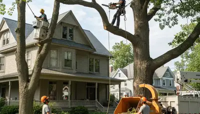 Boston MA tree service crew removing a tree for safe residential property care
