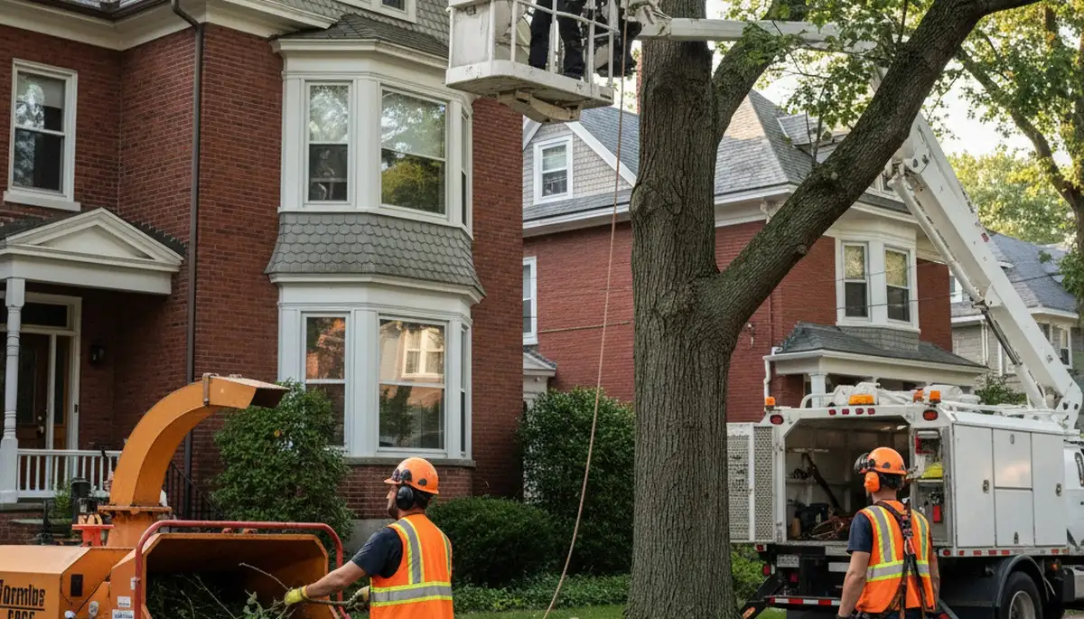 Tree service crew in Boston, MA removing a tree for safe property protection