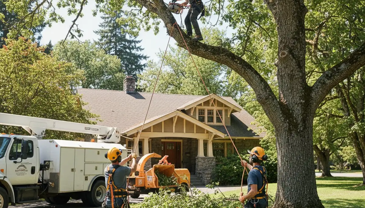 Boston, MA tree service crew performing professional tree removal and trimming for a local property