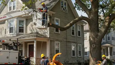 Boston, MA tree service crew trimming a tree for safe removal near a residential property