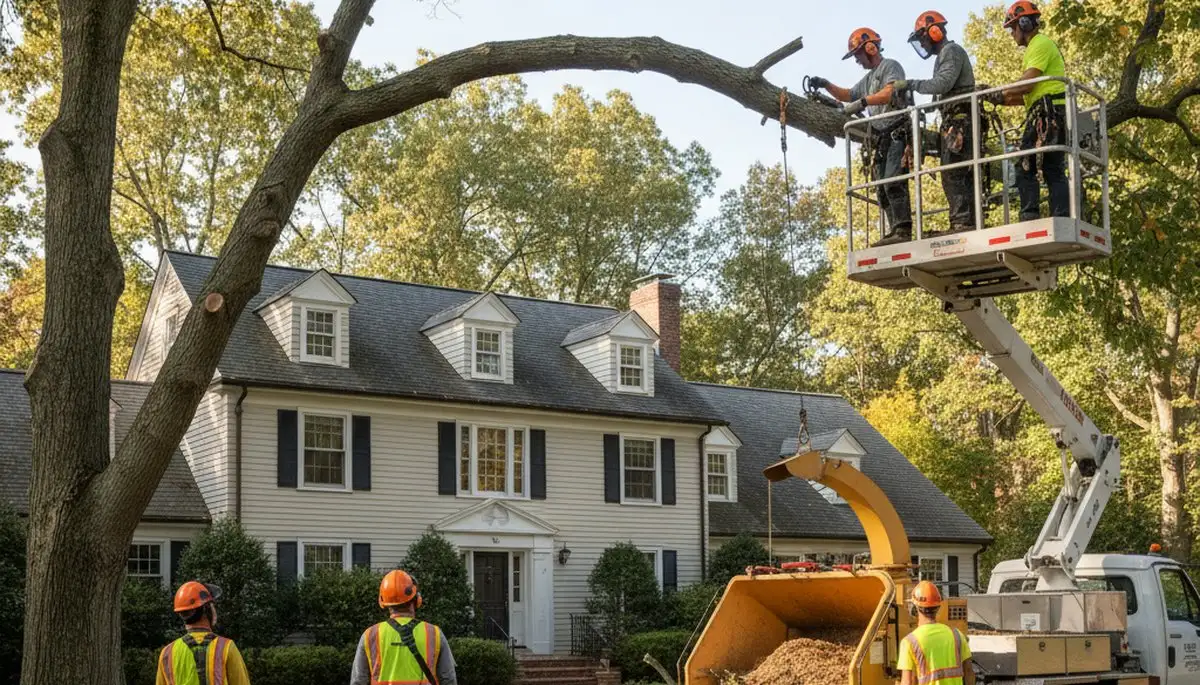 Tree service crew in Boston, MA removing a tree with professional equipment