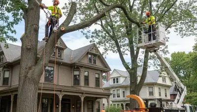 Tree service crew in Boston, MA trimming and removing a large tree for safe property clearance
