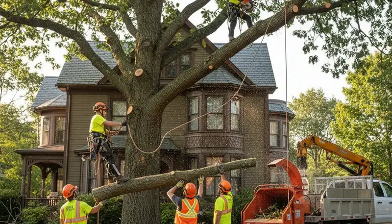 Tree service crew in Boston, MA performing professional tree removal with safety equipment