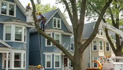 Tree service crew in Boston, MA providing safe tree removal and trimming for local properties