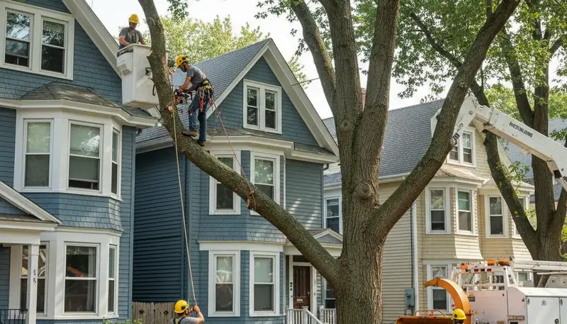 Tree service crew in Boston, MA providing safe tree removal and trimming for local properties
