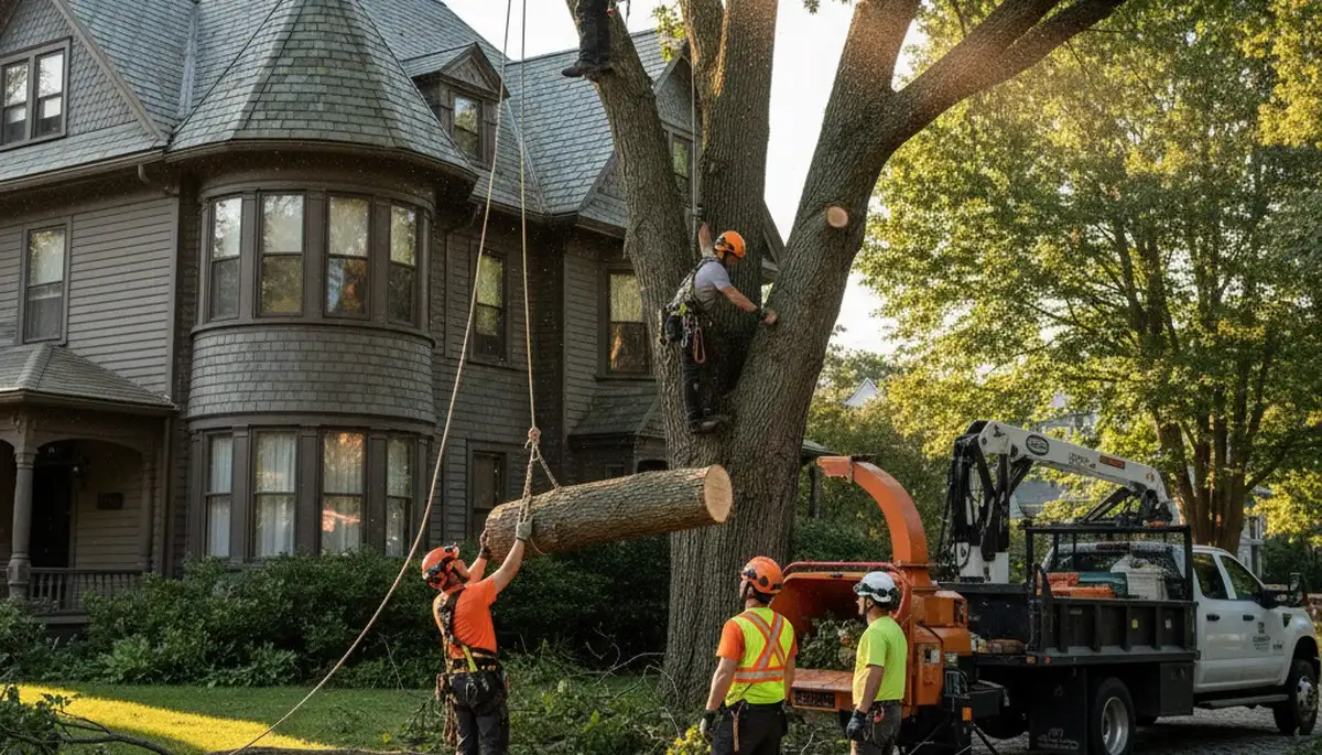 Boston tree service crew removing a tree in a residential yard for Arbortree Removal Boston MA