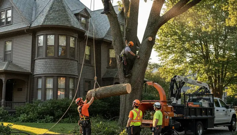 Boston tree service crew removing a tree in a residential yard for Arbortree Removal Boston MA