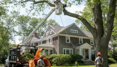 Boston, MA tree service crew removing a large tree for safe property clearance