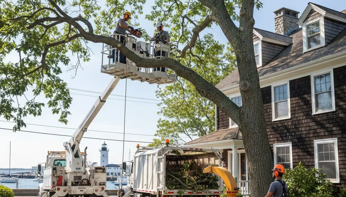 Tree service crew in Boston, MA removing a tree for safe residential property maintenance